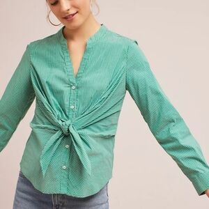 Anthropologie Maeve Katherine green striped tie-front button-down shirt